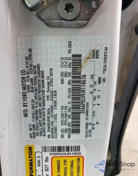 2018 Ford Fusion Se Hybrid z USA, uszkodzony, nr VIN 3FA6P0LU9JR118656